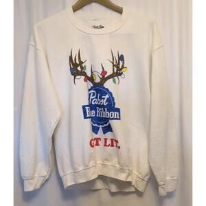 Junk Food M Pabst Blue Ribbon PBR "Get Lit" white reindeer holiday sweatshirt